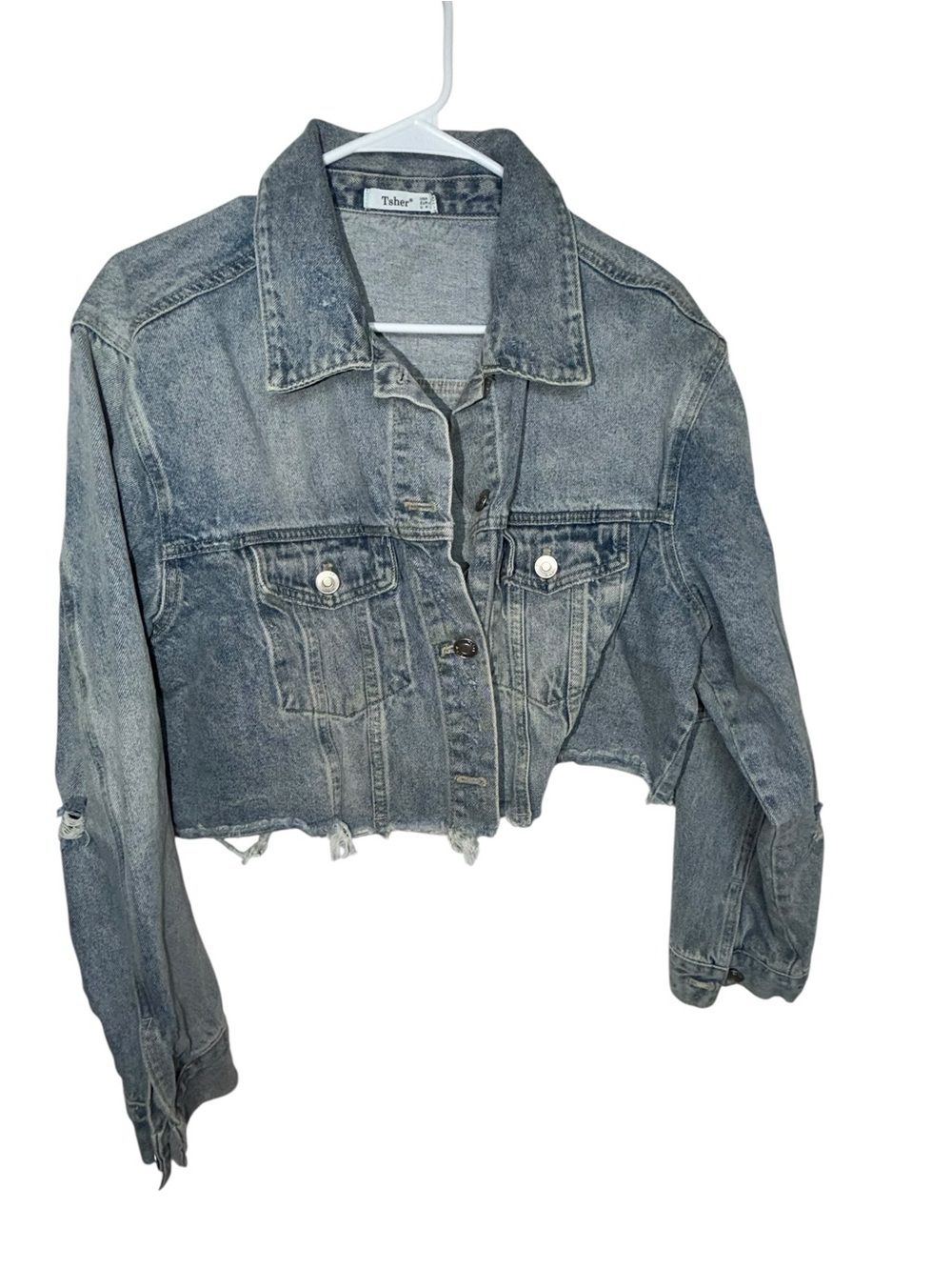 Cropped Distressed Jean Jacket - Washed Gray